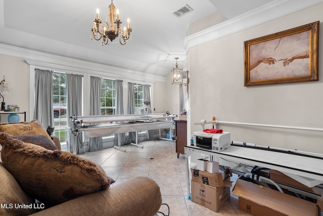 interior space featuring tile patterned floors, a chandelier, lofted ceiling, and ornamental molding