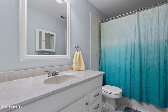 bathroom with tile patterned floors, vanity, toilet, and a shower with shower curtain