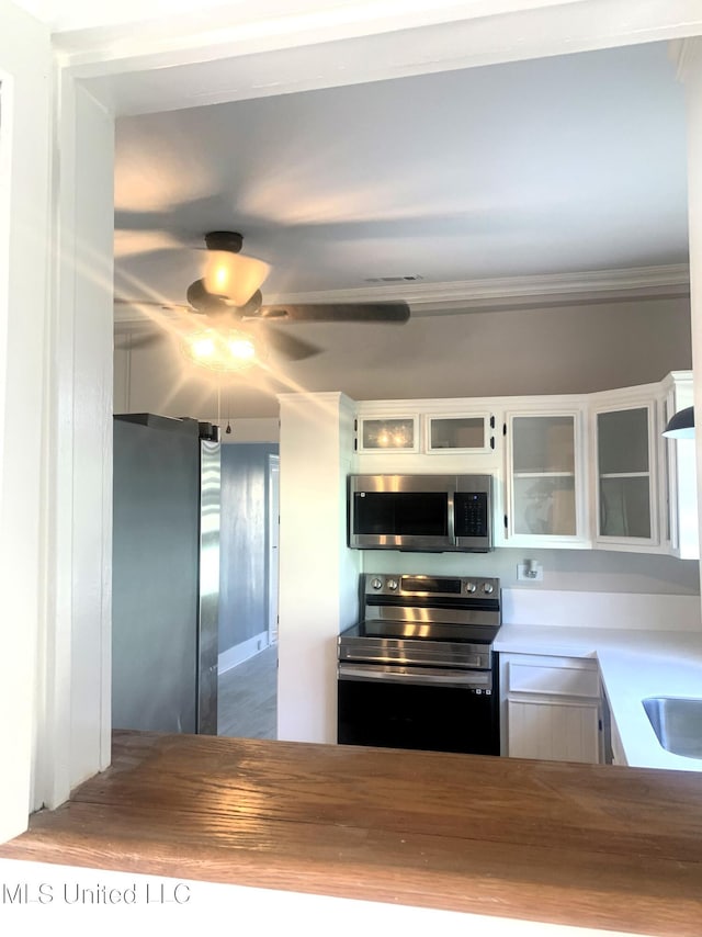 kitchen with white cabinetry, a ceiling fan, glass insert cabinets, and stainless steel appliances