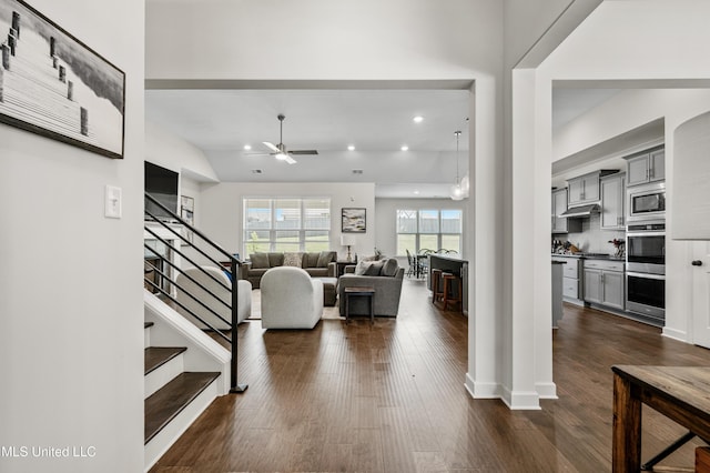 4432 John Wood Ln, Olive Branch, MS 38654 - living area featuring a ceiling fan, stairs, dark wood-type flooring, and recessed lighting