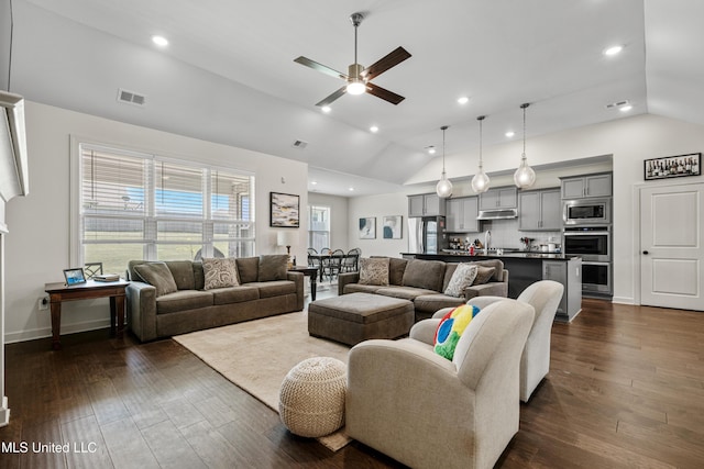 4432 John Wood Ln, Olive Branch, MS 38654 - living room featuring lofted ceiling, ceiling fan, dark wood-type flooring, and recessed lighting