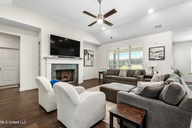 4432 John Wood Ln, Olive Branch, MS 38654 - living area featuring ceiling fan, lofted ceiling, dark wood-style floors, a tile fireplace, and recessed lighting