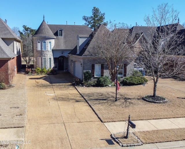 french provincial home featuring a garage, stone siding, brick siding, and driveway