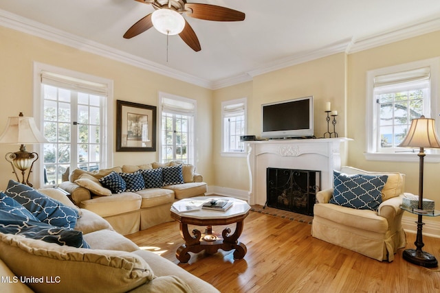 600 N Beach Blvd, Bay Saint Louis, MS 39520 - living area featuring light wood finished floors, a fireplace, ornamental molding, and ceiling fan