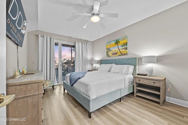 bedroom with light wood-style floors, baseboards, ceiling fan, and access to exterior
