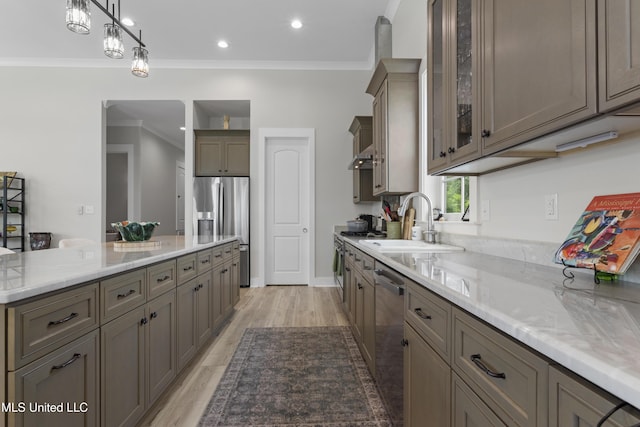 435 Bills Ave, Ocean Springs, MS 39564 - kitchen featuring appliances with stainless steel finishes, a sink, ornamental molding, glass insert cabinets, and light stone counters