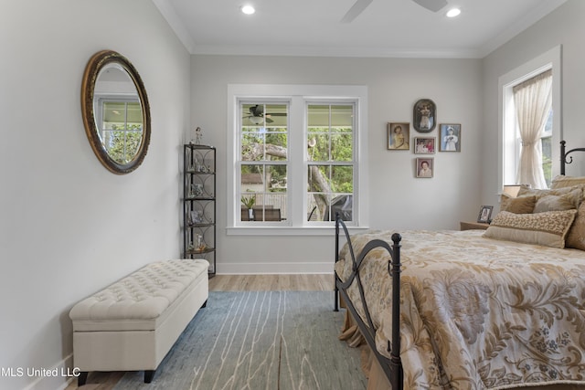 435 Bills Ave, Ocean Springs, MS 39564 - bedroom with wood finished floors, baseboards, crown molding, recessed lighting, and ceiling fan
