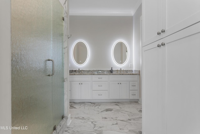 435 Bills Ave, Ocean Springs, MS 39564 - bathroom featuring marble look tile flooring, a shower stall, and double vanity