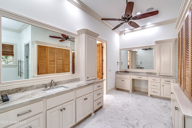 bathroom with vanity, ceiling fan, and ornamental molding