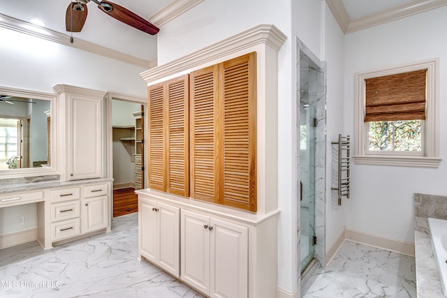 bathroom with vanity, crown molding, shower with separate bathtub, and plenty of natural light