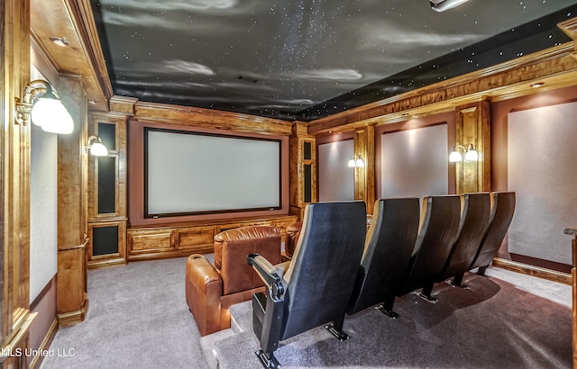 carpeted home theater featuring crown molding