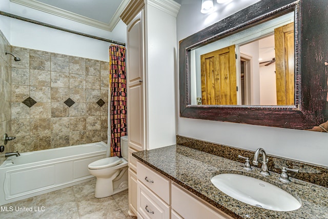 full bathroom featuring shower / bath combo, toilet, ceiling fan, vanity, and ornamental molding