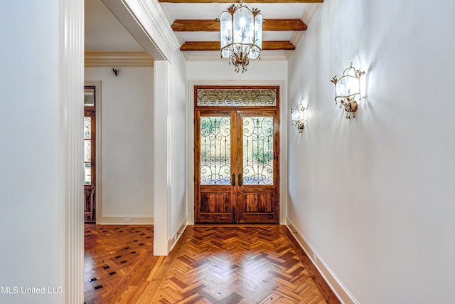 entryway with french doors, beamed ceiling, parquet flooring, crown molding, and a notable chandelier