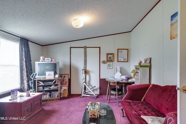 carpeted living room with a textured ceiling, lofted ceiling, and ornamental molding