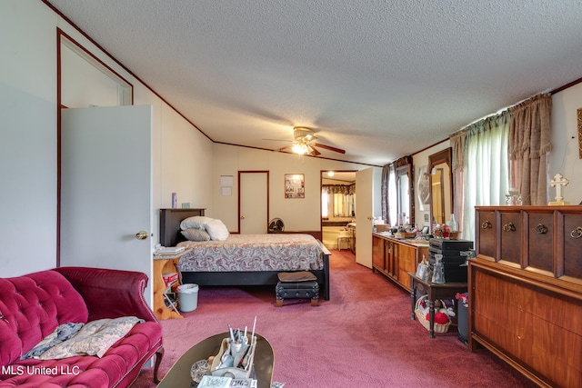 bedroom with ornamental molding, carpet, vaulted ceiling, a textured ceiling, and ceiling fan