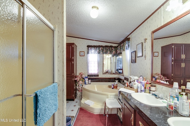bathroom featuring tile patterned flooring, a textured ceiling, ornamental molding, and separate shower and tub