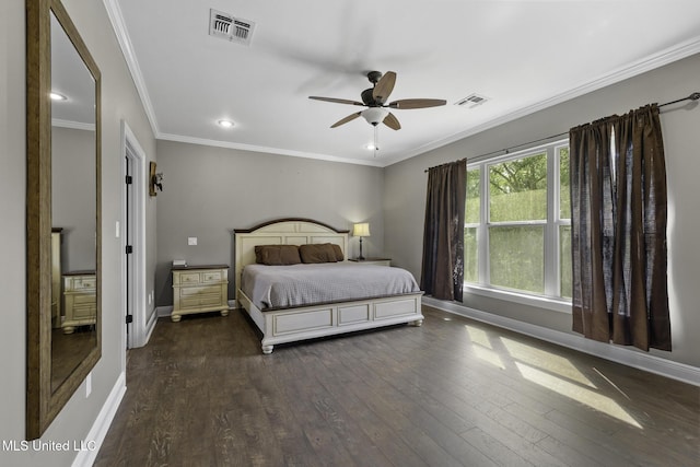 8185 Ridgewood Dr, Kiln, MS 39556 - bedroom featuring dark wood-style flooring, baseboards, recessed lighting, crown molding, and ceiling fan