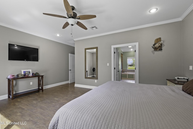 8185 Ridgewood Dr, Kiln, MS 39556 - bedroom with crown molding, dark wood finished floors, baseboards, recessed lighting, and ensuite bath