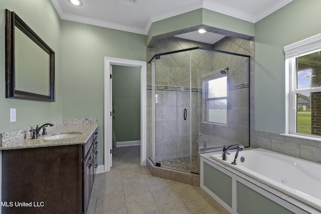 8185 Ridgewood Dr, Kiln, MS 39556 - bathroom featuring vanity, a tub with jets, a stall shower, crown molding, and baseboards