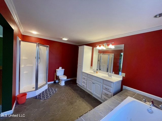 1103 N Yale St, Cleveland, MS 38732 - bathroom featuring a shower stall, crown molding, double vanity, toilet, and a tub with jets