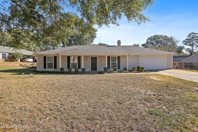 ranch-style house with a garage, a front lawn, and a porch