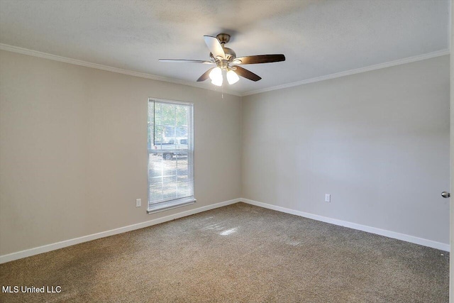 carpeted empty room featuring crown molding, a textured ceiling, and ceiling fan