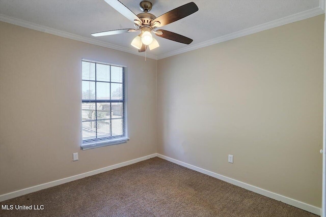 carpeted empty room with ceiling fan and ornamental molding