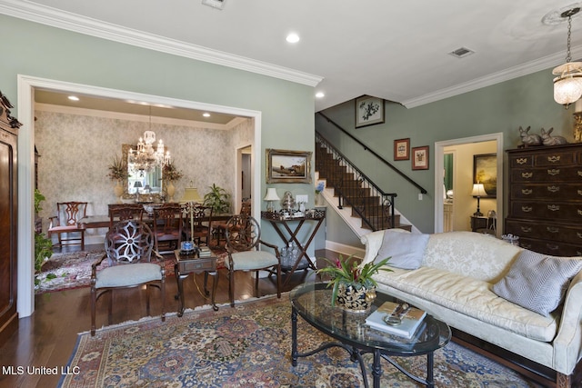150 Harper St, Ridgeland, MS 39157 - living room featuring crown molding, stairway, wood finished floors, a chandelier, and baseboards