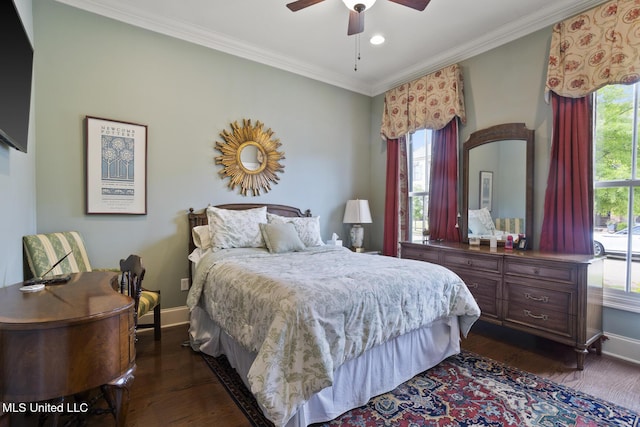 150 Harper St, Ridgeland, MS 39157 - bedroom with dark wood finished floors, crown molding, baseboards, recessed lighting, and a ceiling fan