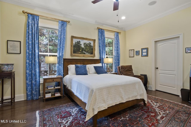 150 Harper St, Ridgeland, MS 39157 - bedroom featuring dark wood-style flooring, baseboards, crown molding, ceiling fan, and recessed lighting