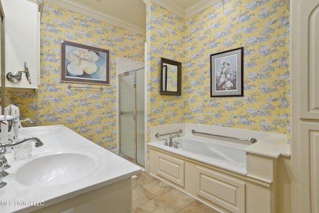150 Harper St, Ridgeland, MS 39157 - bathroom featuring wallpapered walls, a sink, crown molding, a stall shower, and a garden tub