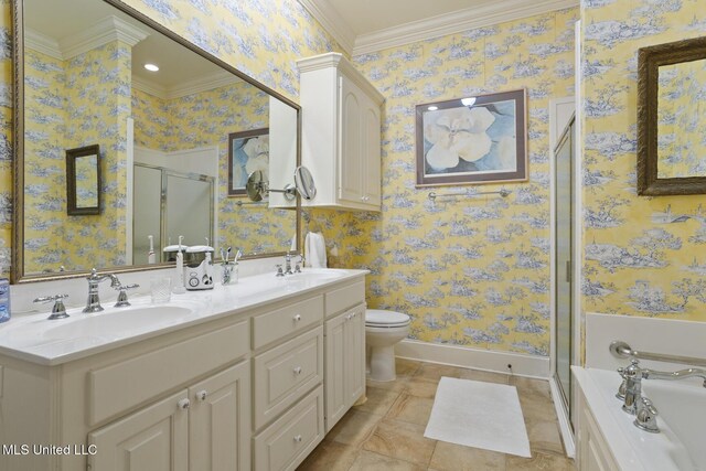 150 Harper St, Ridgeland, MS 39157 - bathroom featuring wallpapered walls, a shower stall, toilet, baseboards, and crown molding