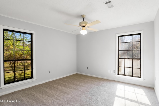 empty room featuring carpet floors and ceiling fan