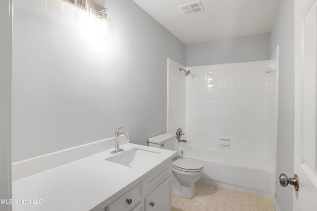 full bathroom with toilet, tub / shower combination, and vanity