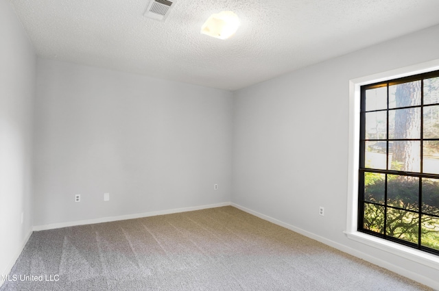 unfurnished room with a textured ceiling and carpet flooring