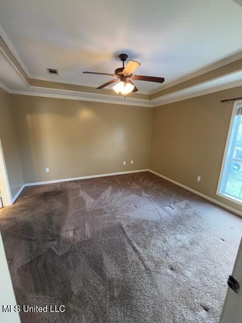 carpeted spare room featuring a raised ceiling, ceiling fan, and ornamental molding