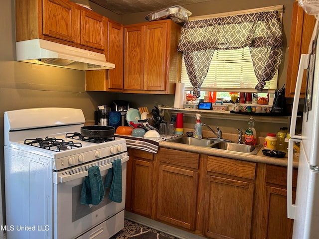 kitchen featuring white gas stove and sink