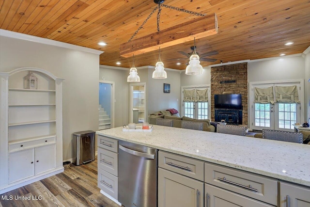 kitchen with stainless steel dishwasher, a ceiling fan, open floor plan, wooden ceiling, and dark wood-style floors