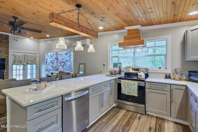 kitchen with an AC wall unit, wooden ceiling, gray cabinetry, a peninsula, and appliances with stainless steel finishes