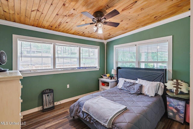 bedroom with wood ceiling, ornamental molding, and wood finished floors