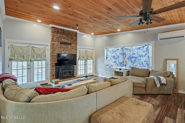 living area featuring a wall mounted air conditioner, wood finished floors, crown molding, wood ceiling, and ceiling fan