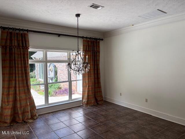 unfurnished dining area with a chandelier, a textured ceiling, visible vents, and a wealth of natural light