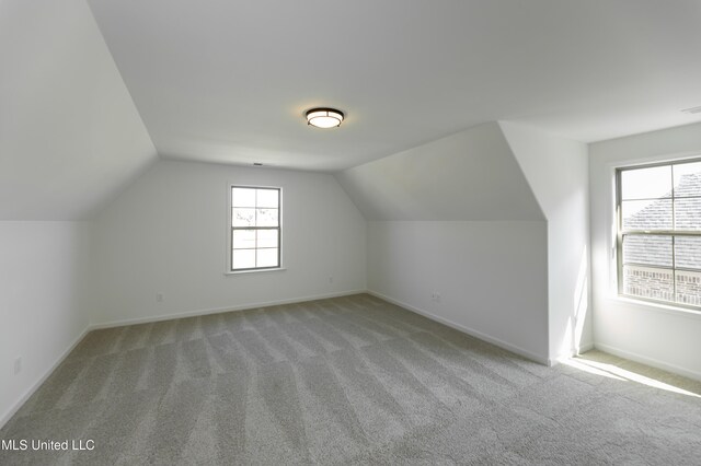 additional living space featuring light carpet and vaulted ceiling