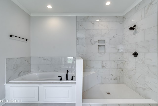 124 Grayson Way, Madison, MS 39110 - bathroom with a garden tub, ornamental molding, a tile shower, and recessed lighting