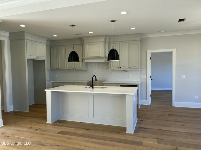 kitchen featuring decorative backsplash, wood finished floors, a center island with sink, and a sink