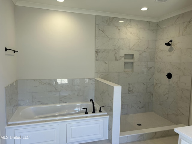 bathroom with recessed lighting, tiled shower, crown molding, and a garden tub