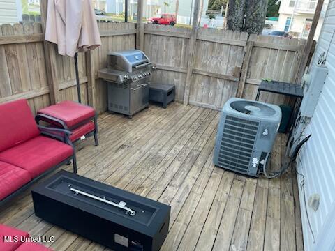 wooden deck featuring central air condition unit and grilling area