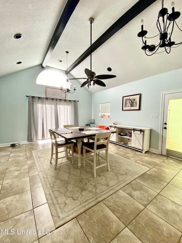 dining area with vaulted ceiling with beams, a textured ceiling, and ceiling fan with notable chandelier