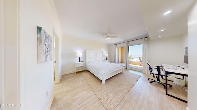 bedroom featuring ceiling fan, crown molding, light wood-type flooring, and access to exterior