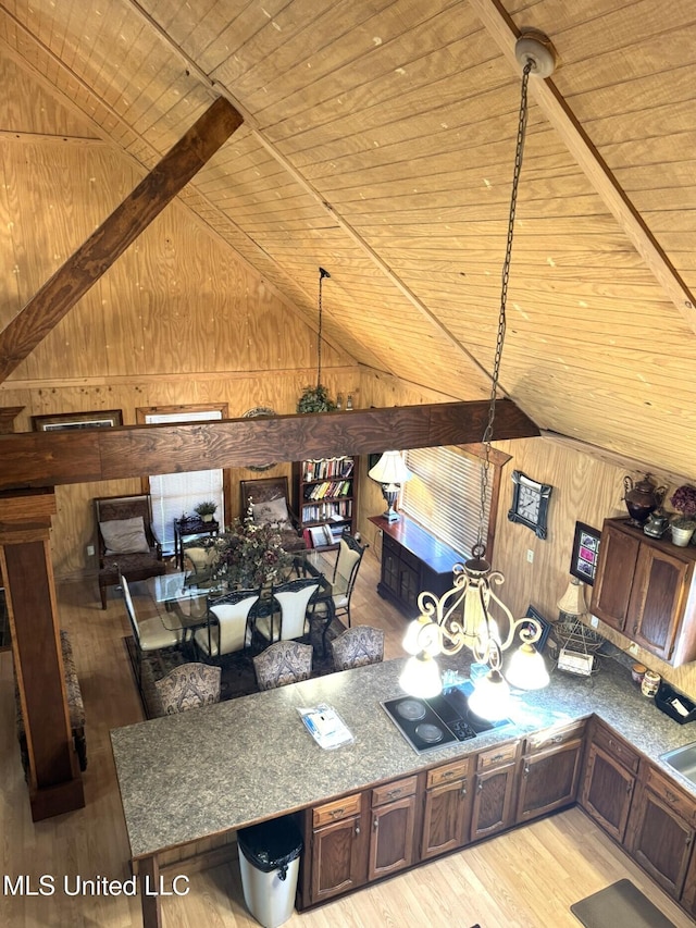 46 Stirling Rd, Natchez, MS 39120 - kitchen featuring wooden walls, light hardwood / wood-style flooring, wooden ceiling, stovetop, and vaulted ceiling with beams